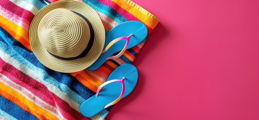Summer vacation essentials. a straw hat, colorful beach towel and blue flip flops on a pink background.