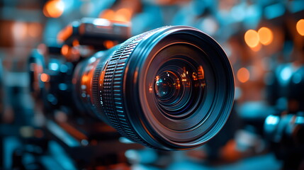 Close-up of a video camera lens with reflections highlighting the curves of the glass. This image conveys the precision of the lens design. The background is blurred to give the lens a sharp focus.