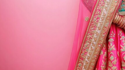Traditional Indian dress displayed against a pink background with copy space, featuring intricate embroidery and vibrant hues.