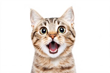 Fototapeta premium A curious tabby kitten expressing excitement with wide open mouth against a plain white background