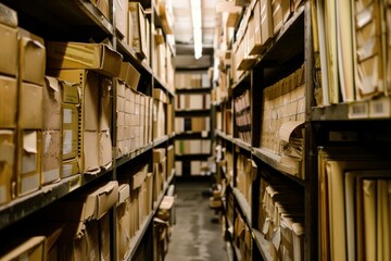 Fototapeta premium Narrow aisle stretching through dusty archives full of cardboard boxes containing documents