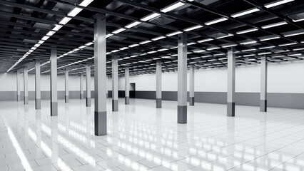 Modern empty factory interior or empty warehouse. 3d illustration