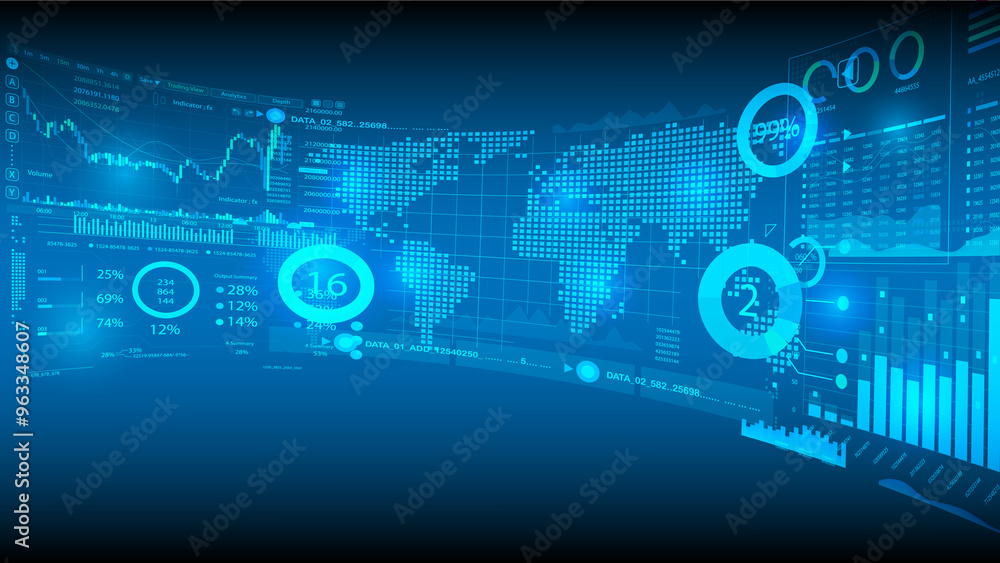 Poster global data analytics dashboard with charts, graphs, and world map showing financial and market tren