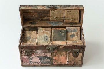 Old wooden chest with rusted metal accents holding stacks of old newspapers and magazines, open on a white background