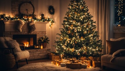 New year cozy home interior with christmas tree and garlands