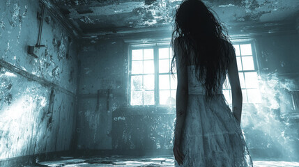 A woman in a white dress stands in a dilapidated room, looking out a dusty window.