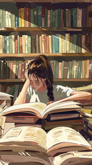 Studious Girl Lies Engrossed in Enormous Textbook, Symbolizing the Pursuit of Knowledge and Education