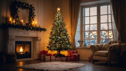 Old room with Christmas tree