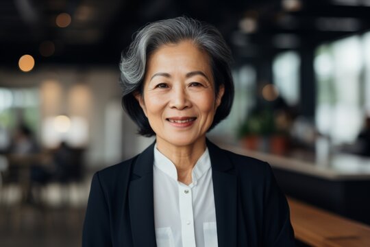 Portrait of a smiling senior Asian businesswoman with short hair in office