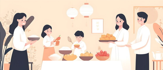 A flat illustration of families performing ancestral rituals (Charye), offering rice, fruit, and traditional foods on an altar. Soft pastel colors dominate the scene