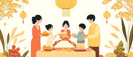 A flat illustration of families performing ancestral rituals (Charye), offering rice, fruit, and traditional foods on an altar. Soft pastel colors dominate the scene