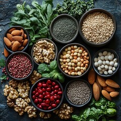 A creative flat lay of bone-strengthening foods like nuts, seeds, and leafy greens, alongside a variety of mineral supplements, illustrating a holistic approach to bone health.