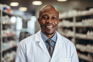 Fototapeta premium Smiling portrait of a middle aged male pharmacy worker