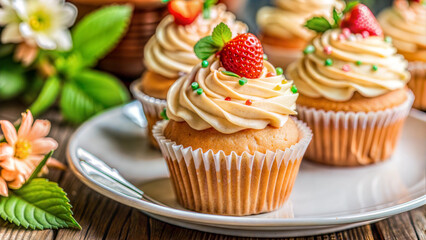 Close-Up of Beautifully Decorated Cream Cupcake on White Plate, Soft Lighting Enhancing Texture, Photorealistic Minimalist Background