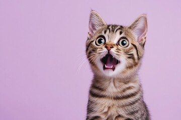 Obraz premium Surprised orange tabby cat with wide eyes and open mouth against a pastel purple background