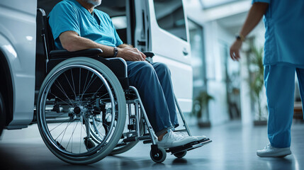 Senior male patient is leaving the hospital in a wheelchair with a nurse walking nearby