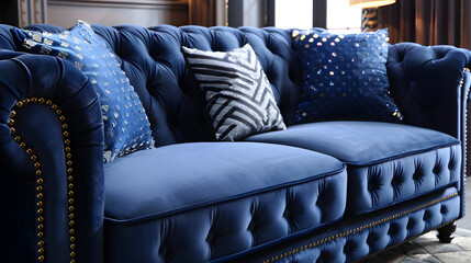 Fototapeta premium Elegant Dark Blue Velvet Sofa with Brass Nailhead Trim in Cozy Living Room with Coordinating Throw Pillows