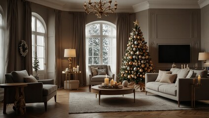 Stylish interior of living room with decorated Christmas tree