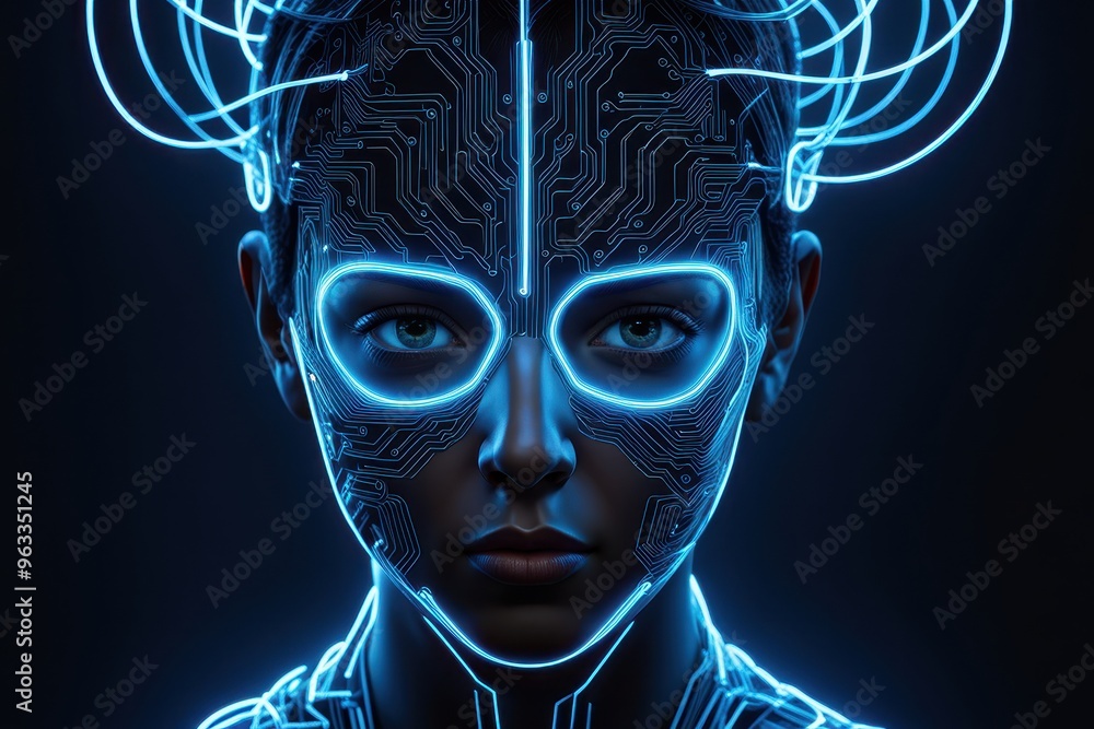 Poster a futuristic face with glowing circuitry, representing advanced technology and human integration.