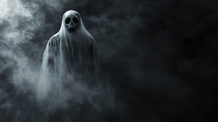 Fototapeta premium A ghostly figure in white glowing with an eerie light among smoke on a dark background. Halloween holiday concept