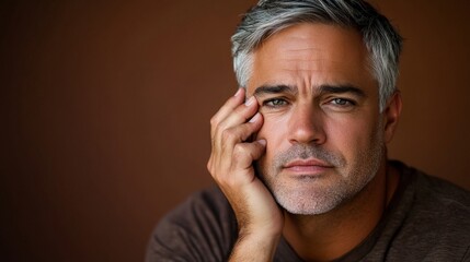 Obraz premium Thoughtful middle-aged man with gray hair contemplating indoors