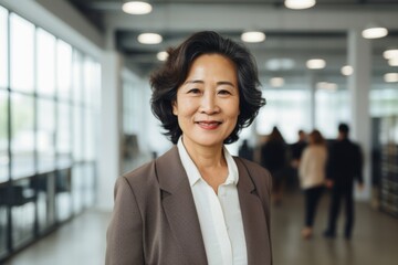 Portrait of a smiling senior Asian businesswoman with short hair in office