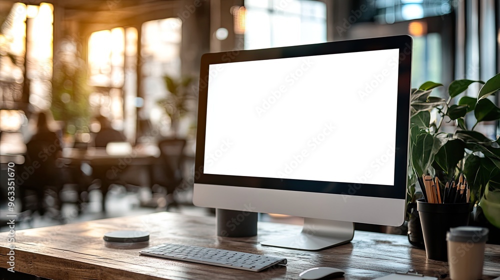 Poster a desktop computer with a blank screen. this image is perfect for mockups or showcasing websites, ap
