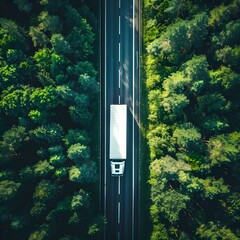 Aerial top view of car and truck driving on highway road in green forest. Sustainable transport. Drone view of hydrogen energy truck driving on asphalt road 