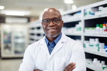 Fototapeta premium Smiling portrait of a middle aged male pharmacy worker