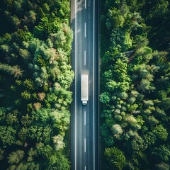 Aerial top view of car and truck driving on highway road in green forest. Sustainable transport. Drone view of hydrogen energy truck driving on asphalt road 