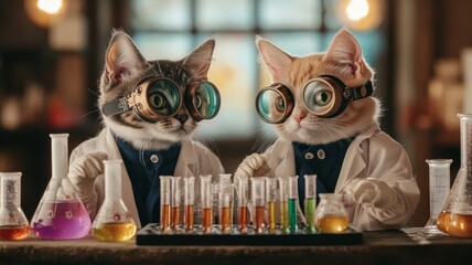 Two cats in lab coats and goggles conduct experiments with colorful liquids in a playful science setting.