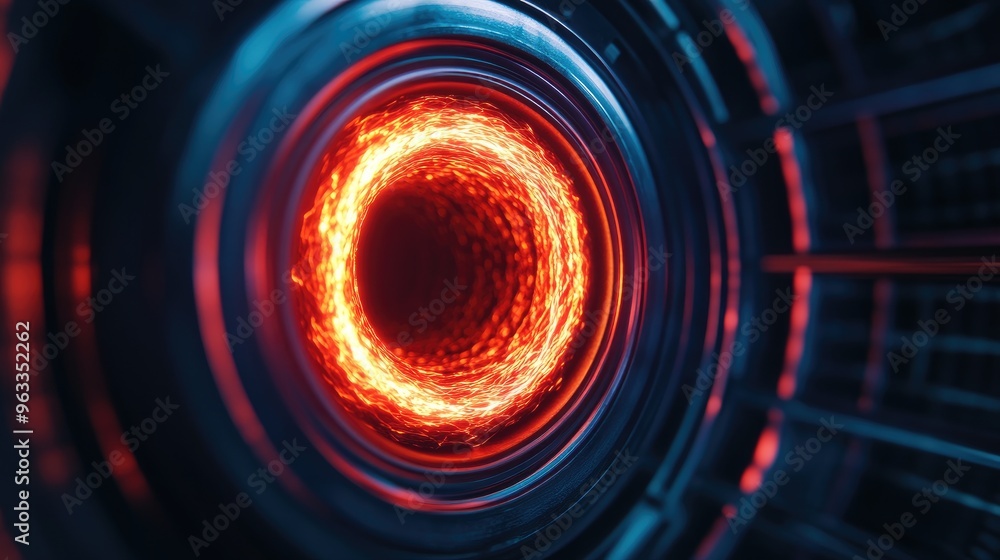 Poster futuristic abstract design featuring a glowing red vortex in a dark, high-tech environment, perfect 