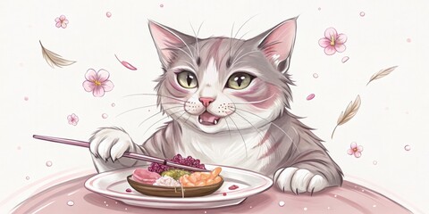 Cute cat enjoying a delicious meal with chopsticks, amidst delicate pink blossoms, in this delightful illustration