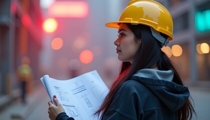 A young female construction worker wearing a yellow hard hat and holding construction plans, standing in front of a blurred urban background with colorful lights
