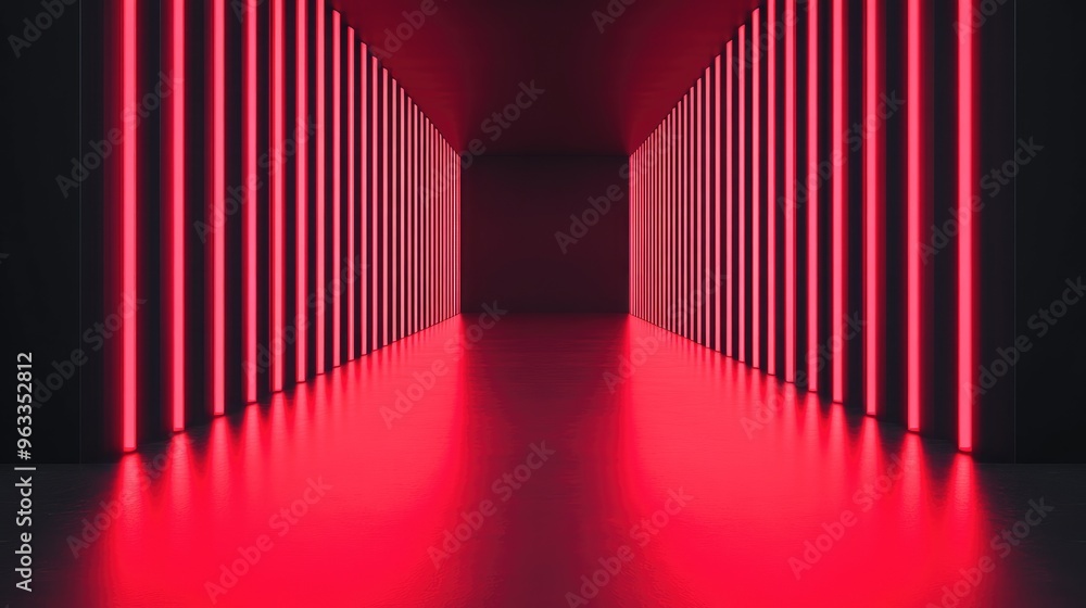 Poster futuristic corridor illuminated by bright red lights, creating a striking visual effect with reflect