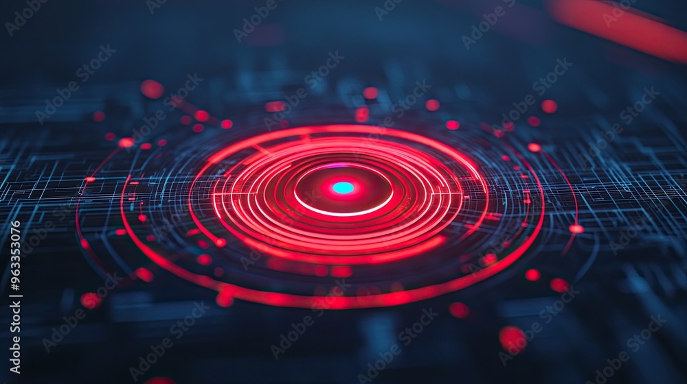 Poster futuristic digital pattern with glowing red circles and lines, creating a high-tech and dynamic visu