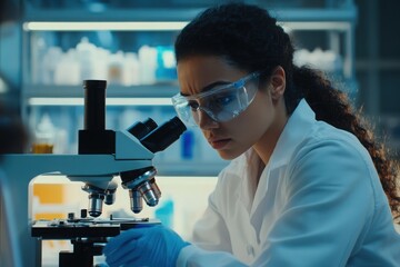 Scientist examining sample under microscope in lab