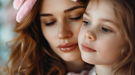 Mother Kissing Her Child Wearing Bunny Ears Eas