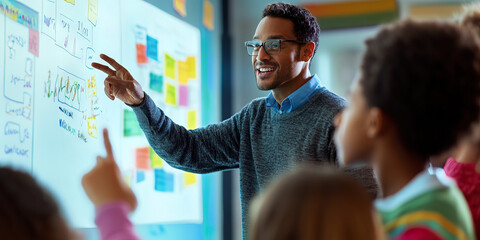 Enthusiastic Teacher: A person standing in front of an interactive whiteboard, gesturing animatedly while explaining a concept to a group of students.