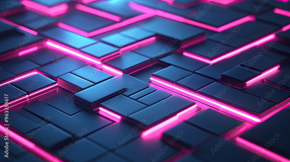 Poster futuristic geometric design with glowing pink and blue lines, creating a sleek abstract pattern on a