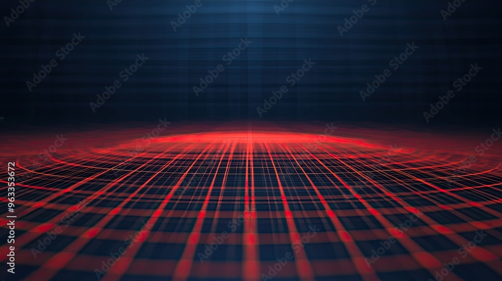 Poster futuristic grid background with a glowing red circle, ideal for tech designs and digital art project