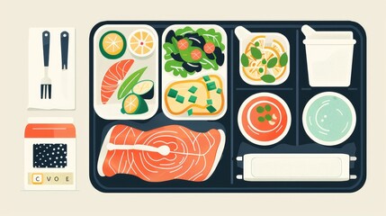 Illustrated Bento Box Lunch with Salmon and Vegetables