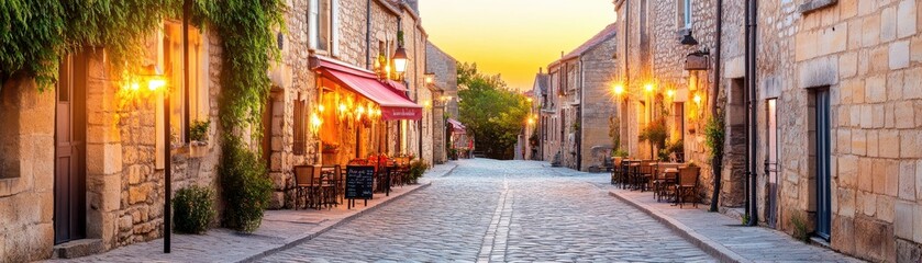 Fototapeta premium Charming cobblestone street at dusk, featuring quaint buildings and warm lights, perfect for evoking a cozy atmosphere.