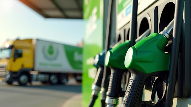 Biofuel filling station with trucks in the background
