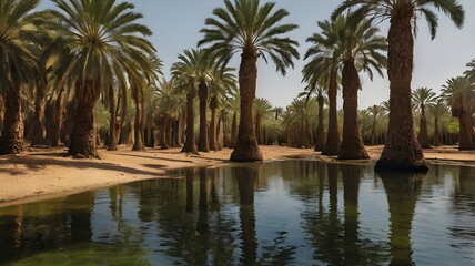 Obraz premium An oasis with an ancient date palm grove, the trunks casting long shadows over the water as sunlight filters through the leaves --ar 3:2 --v 4