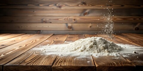Flour scattered on wooden table with space for text