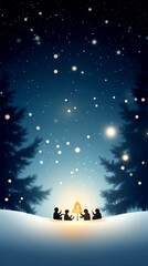 Campfire gathering under a starry night, showcasing friendship and warmth in a snowy landscape.