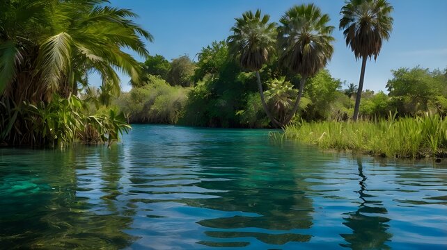 A vibrant oasis under a bright blue sky, shimmering water with gentle ripples, and lush vegetation along the banks --ar 3:2 --v 4