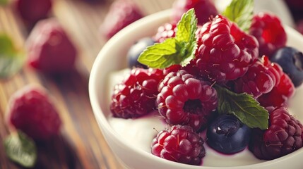 Fresh Berries and Yogurt in a White Bowl on Wooden Table