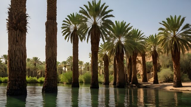  An oasis with an ancient date palm grove, the trunks casting long shadows over the water as sunlight filters through the leaves --ar 3:2 --v 4